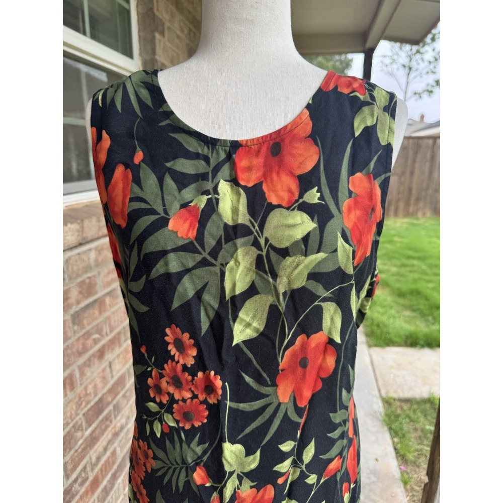 VTG Tropical Hawaiian Dress Maxi 90s Flowey Black Orange Goth Tie Back Boho XL - Picture 3 of 5
